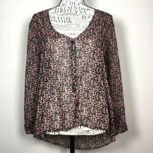 Sheer black pink floral blouse button down delicate flowers pleat detail fairy S